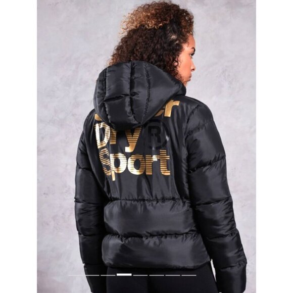 Superdry Unisex Gym Tech Gold Puffa Black Jacket Small Full Zip Pockets Winter - Picture 5 of 10